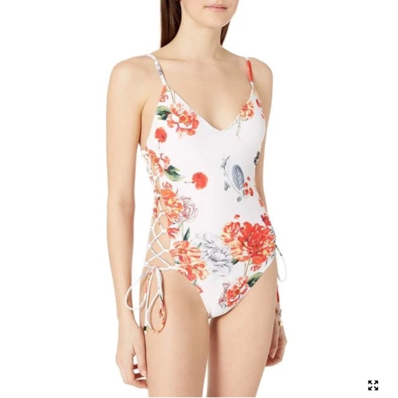 NWOT RACHEL Rachel Roy Women's White Floral Side Laced One Piece Swimsui… - Picture 1 of 10